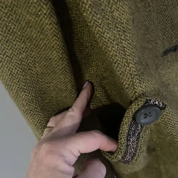 Free People Pea Coat Wool Silk Faux Fur Collar Women's Sz 10 Green Tweed Ribbon - Picture 10 of 16